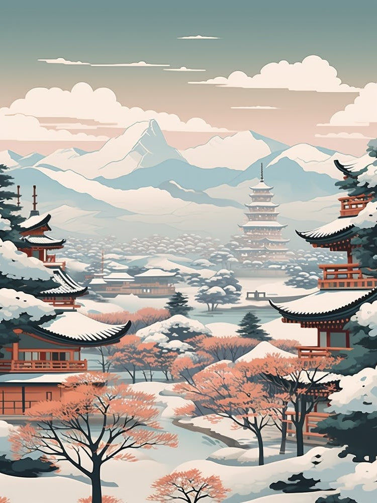 Vintage Winter Travel Illustration Nagano Japan 2