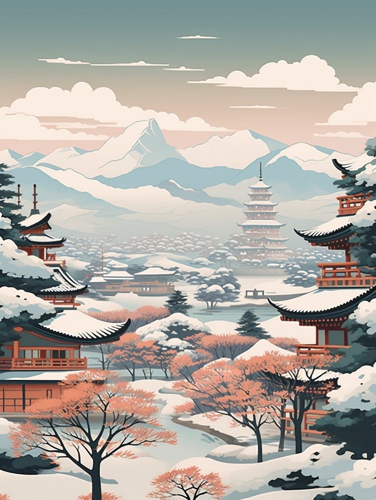 Vintage Winter Travel Illustration Nagano Japan 2