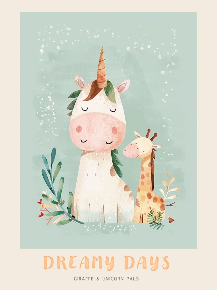 Giraffe & Unicorn Pastel Storybook Style 3 Poster