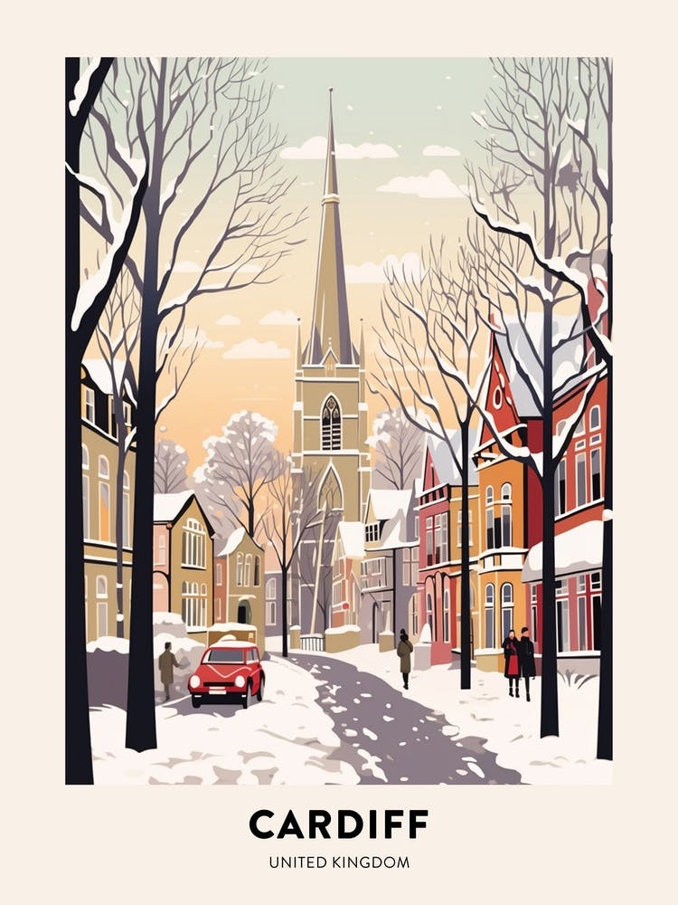 Vintage Winter Travel Poster Cardiff United Kingdom 3