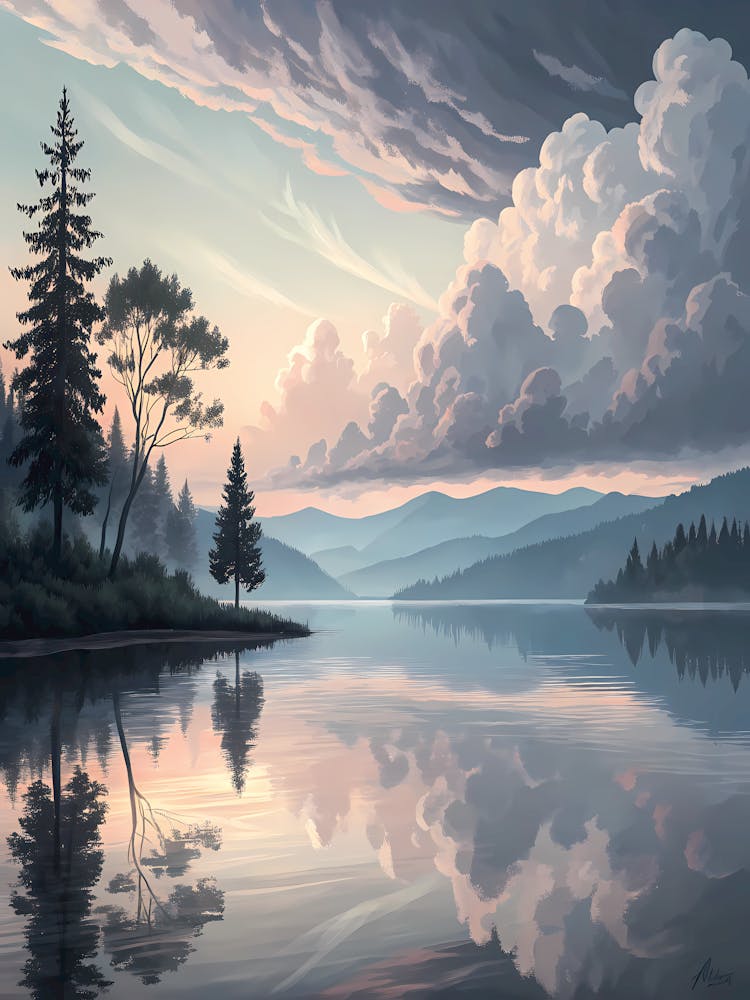 See spiegelt dramatische Wolken in sanften Tönen No