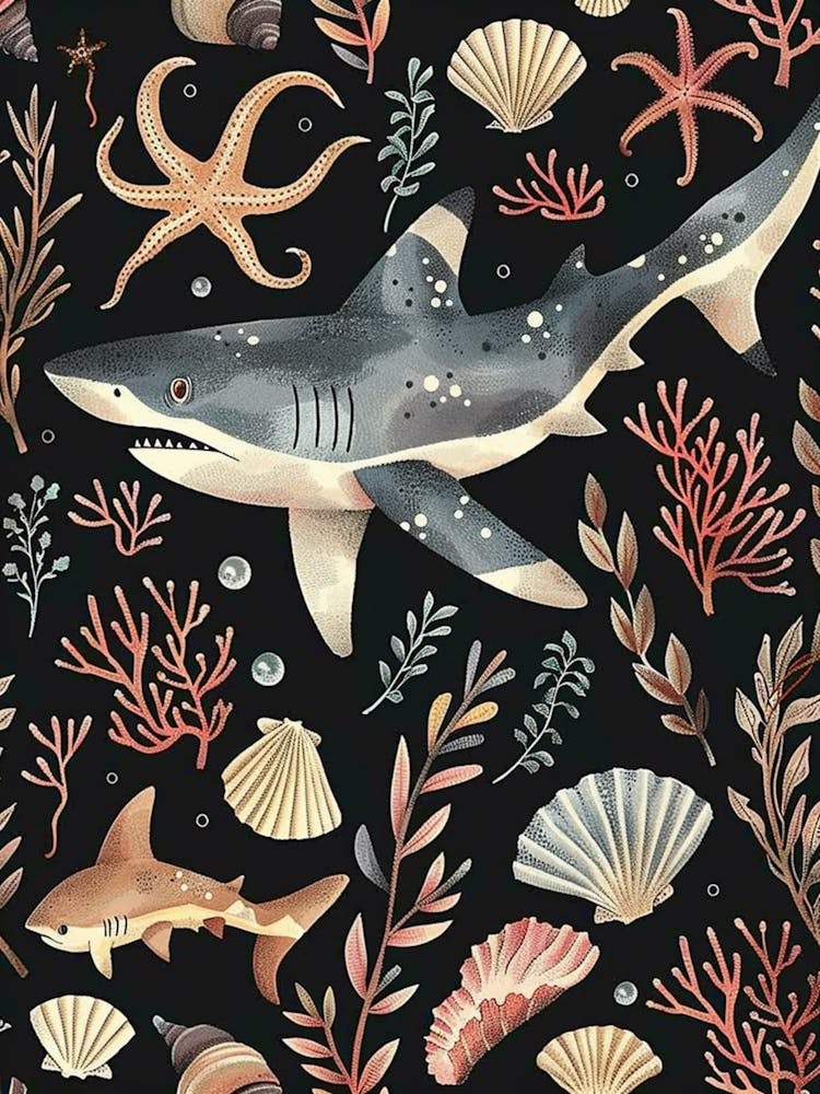 Cookiecutter Shark Seascape Black Pattern