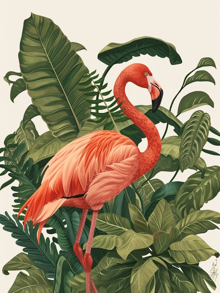 Andean Flamingo And Philodendrons Minimalist Illustration 4