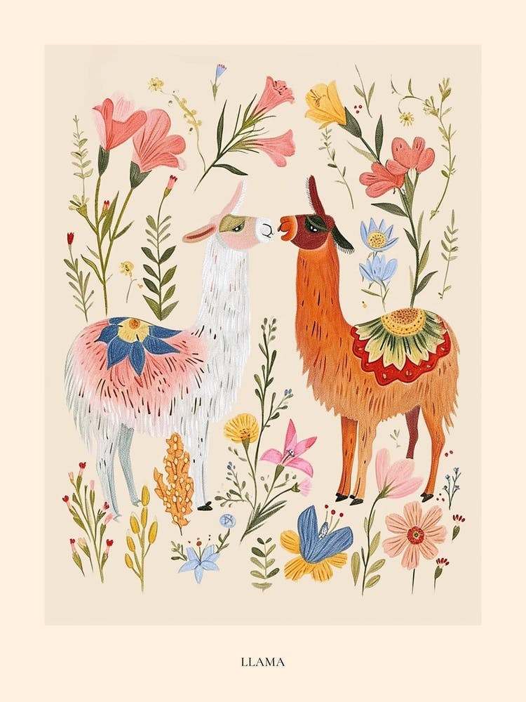 Folksy Floral Animal Drawing Llama 2 Poster