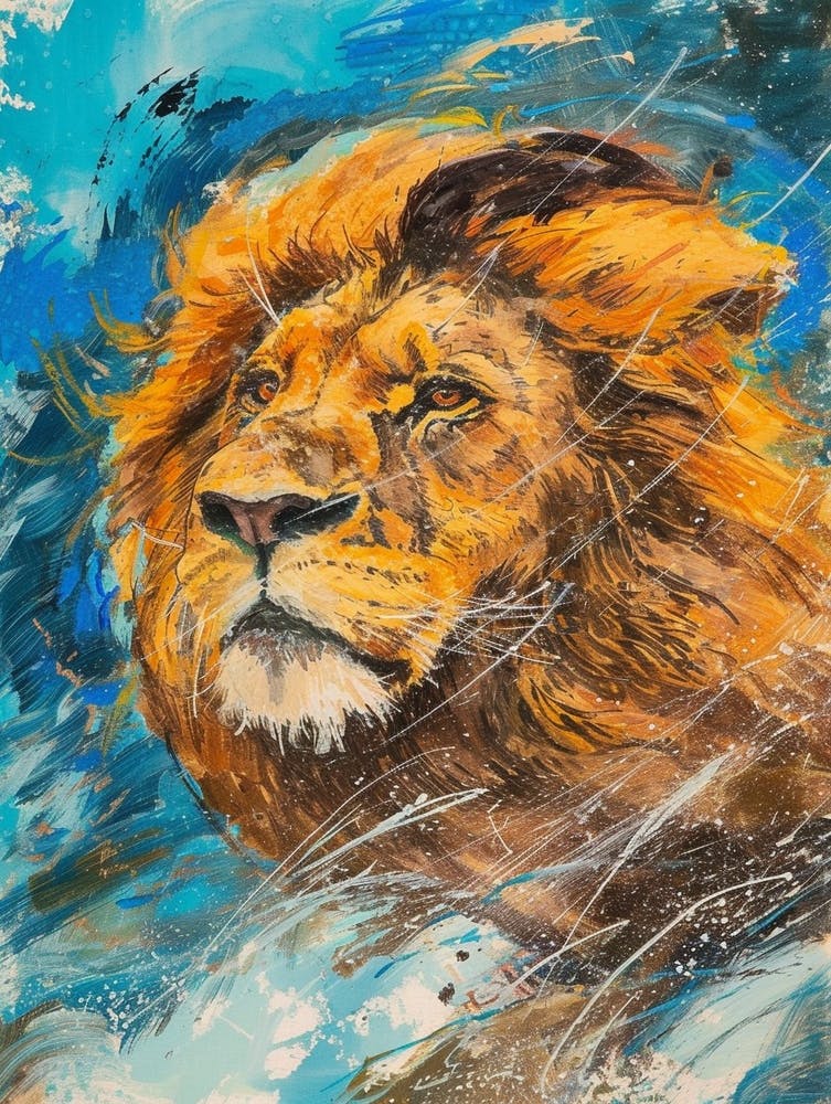 Southwest African Lion Facing A Storm Fauvist Painting 1