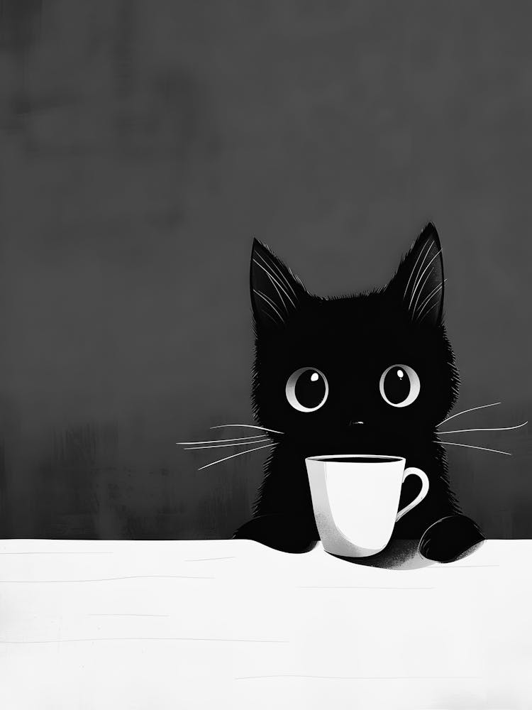 Black Cat With A Cup Of Coffee