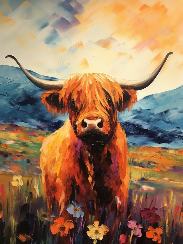 Brushstroke Impressionism Style Painting Of A Highland Cow In The Scottish Valley 1