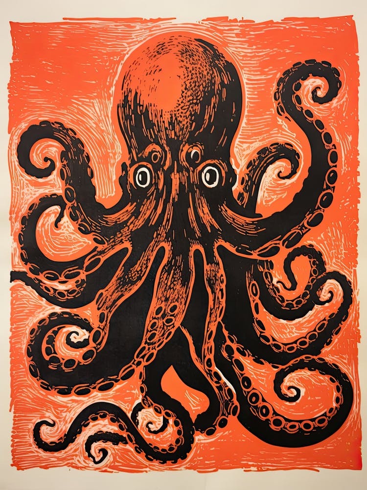 Octopus, Woodblock Animal  Drawing 4