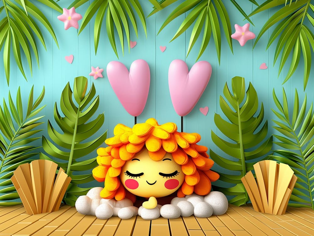 Retro Hawaii Style Graphics With Happy Figures, Sea, Sun And Nature Theme, Kawaii Style