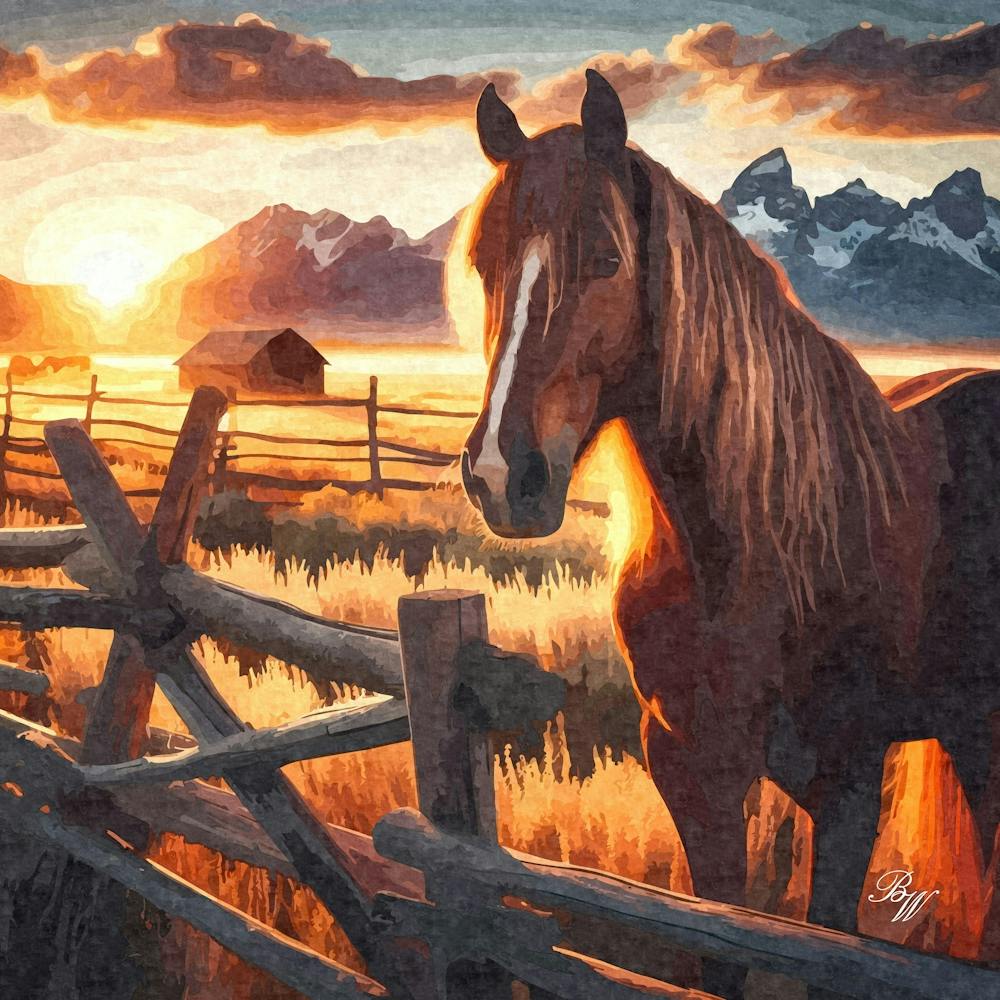 Western Horse At Sunset 2 Oil Texture