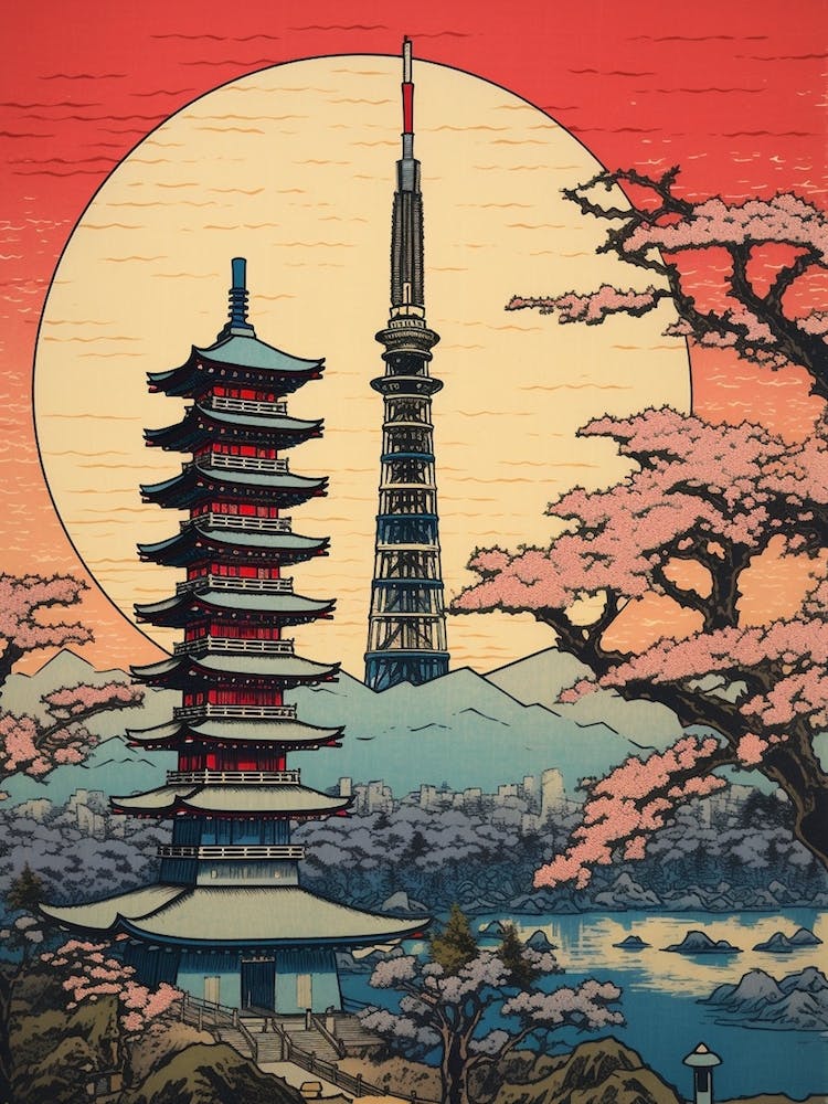 Tokyo Skytree, Japan Vintage Travel Art 2