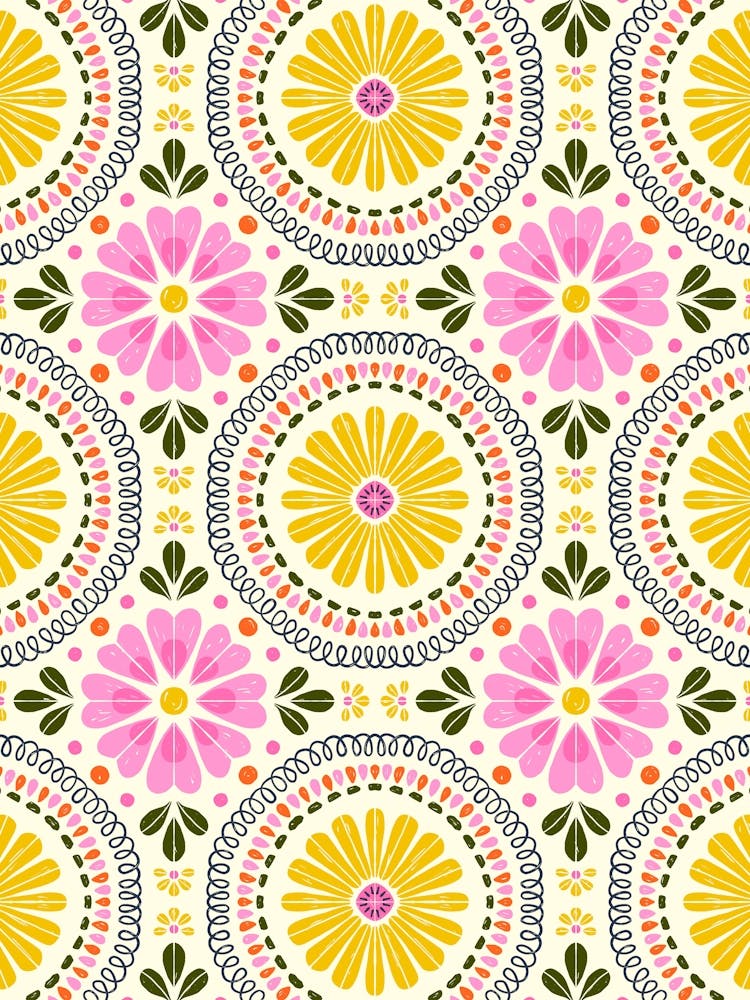 Heirloom Block Print Pink and Yellow Florals Vintage Tile