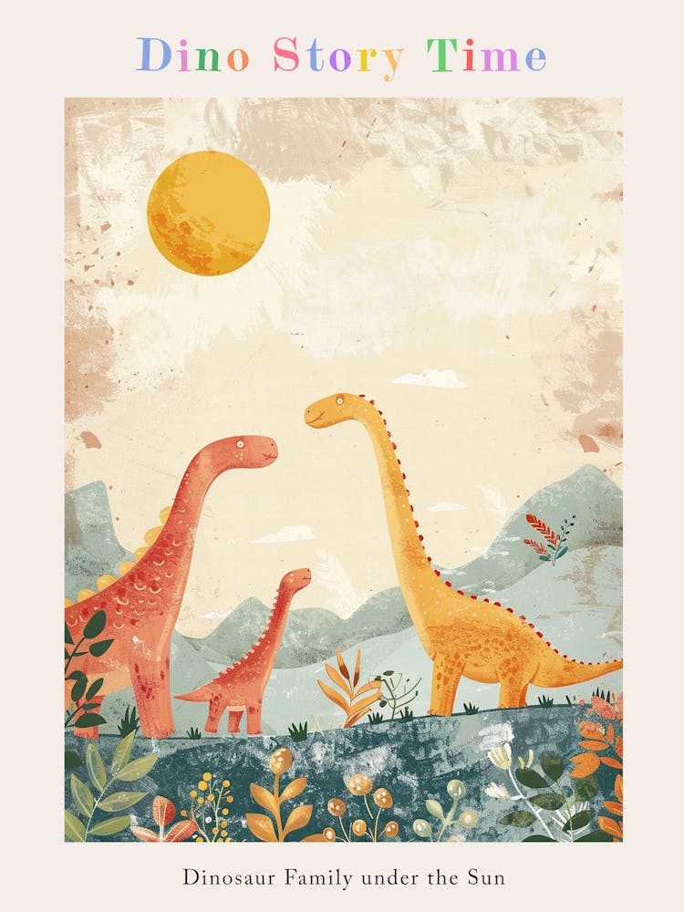 Dinosaur Family With Sun Watercolour Poster