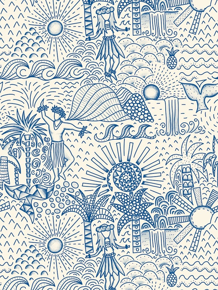Hawaiian Toile Polynesian Hula Dance Tropical Landscape Navy Blue Cream White
