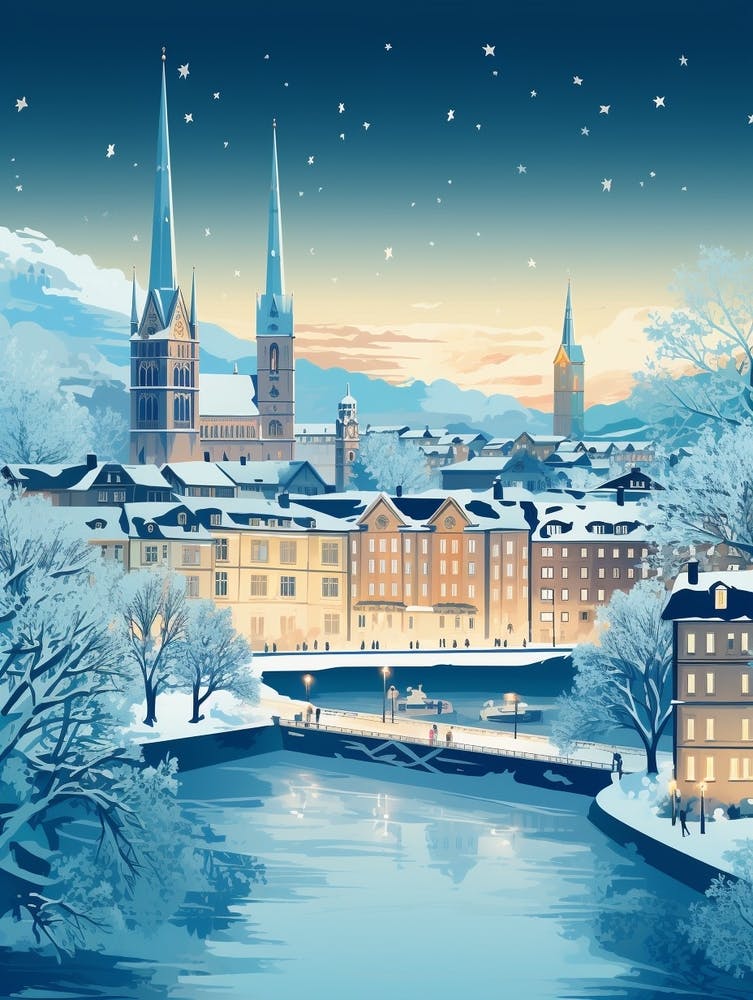 Winter Travel Night Illustration Zurich Switzerland 2