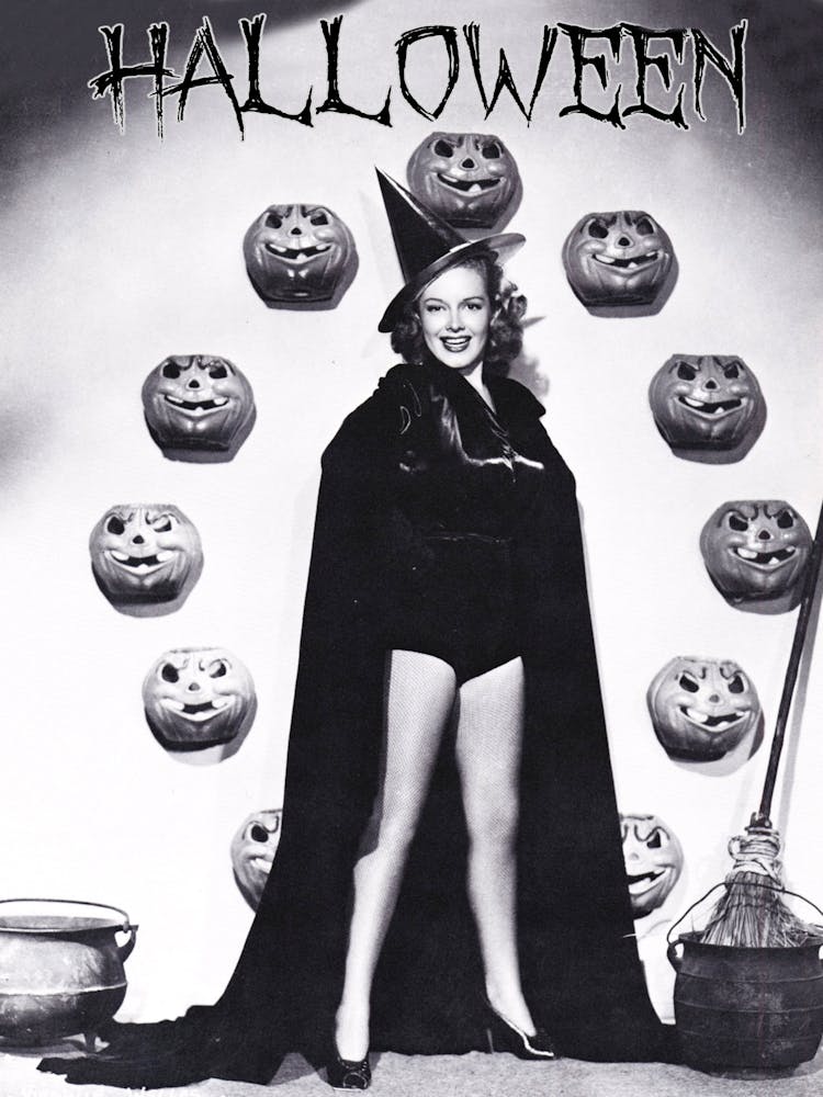 Happy Pin Up Witch With Pumpkins