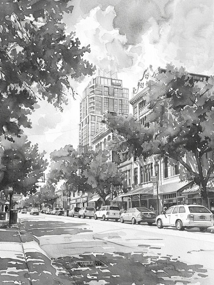 Rainey Street Historic District Austin Texas Black And White Watercolour 4