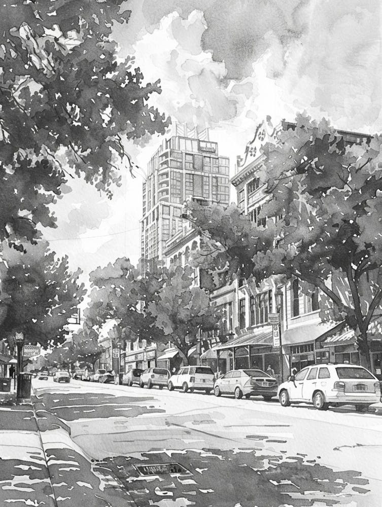 Rainey Street Historic District Austin Texas Black And White Watercolour 4