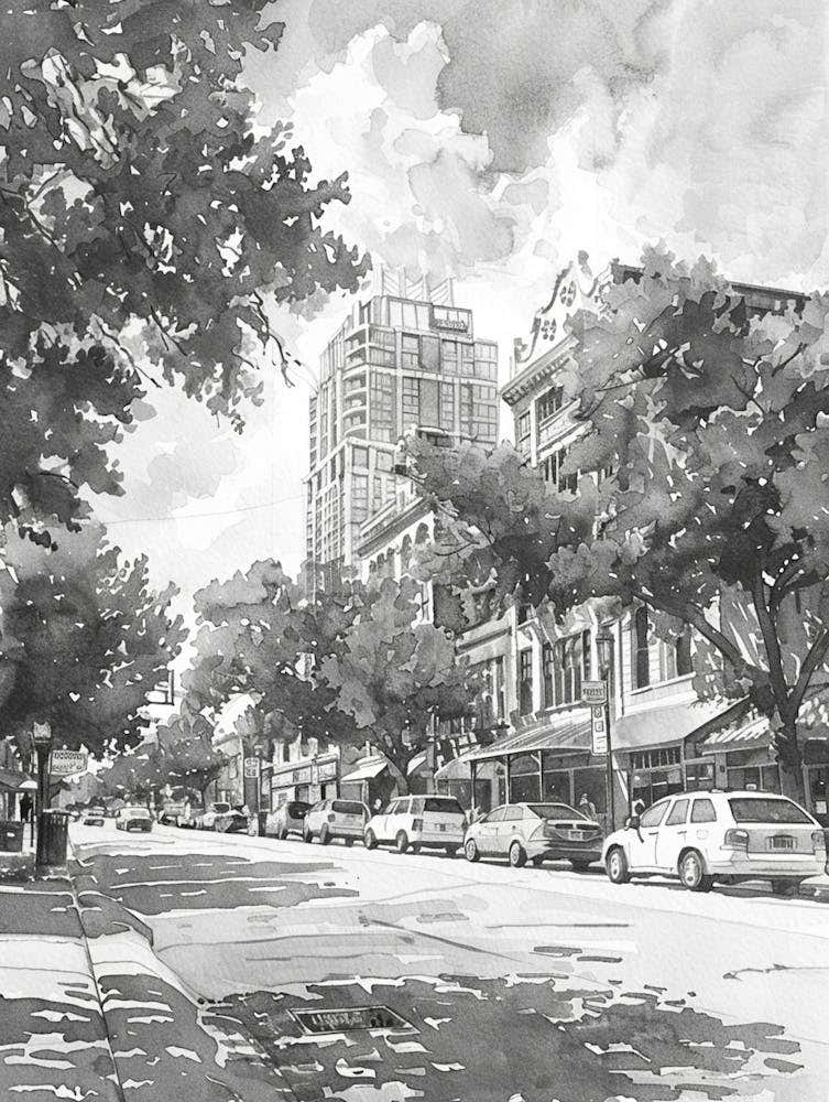 Rainey Street Historic District Austin Texas Black And White Watercolour 4