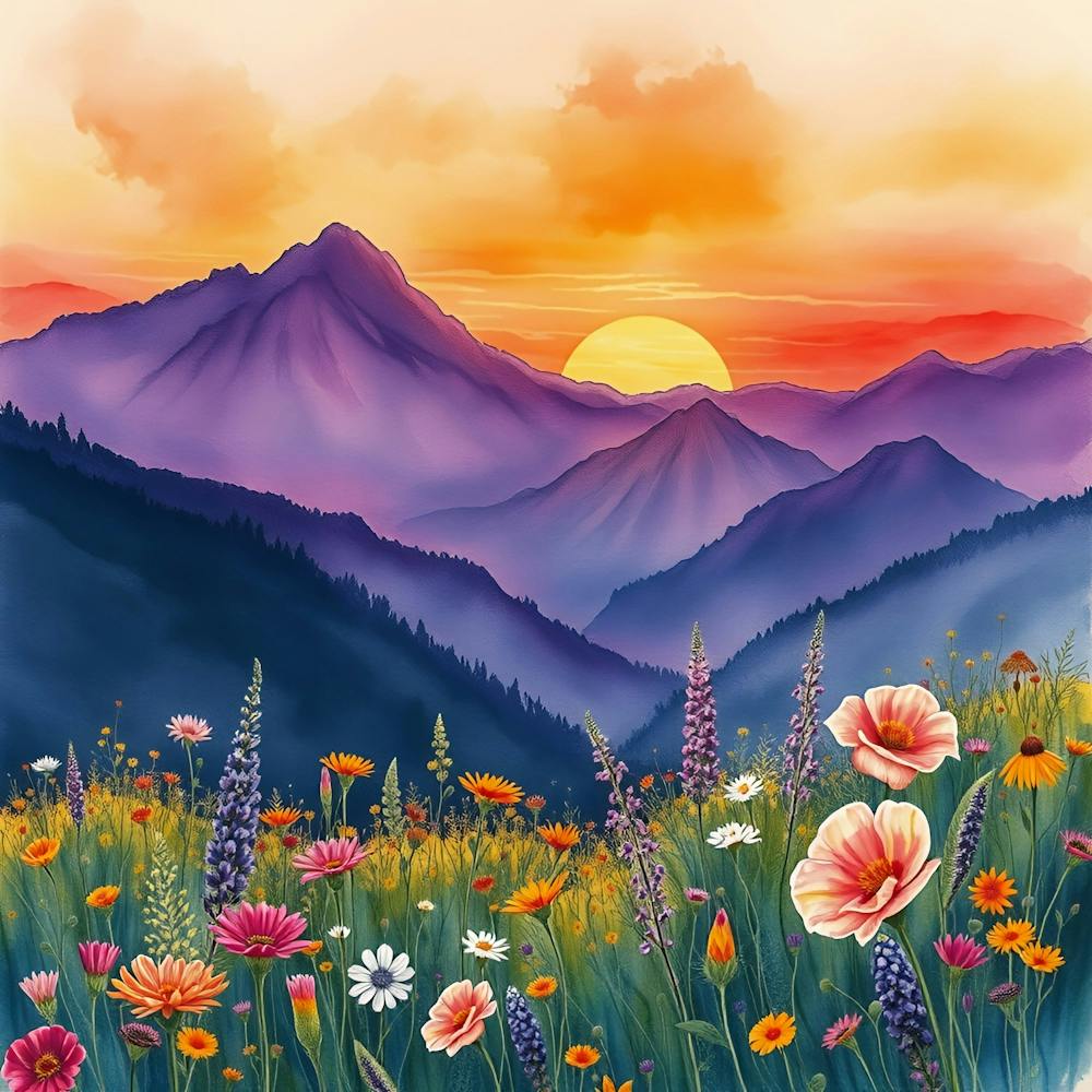 Watercolor Of Mountains And Flowers 1