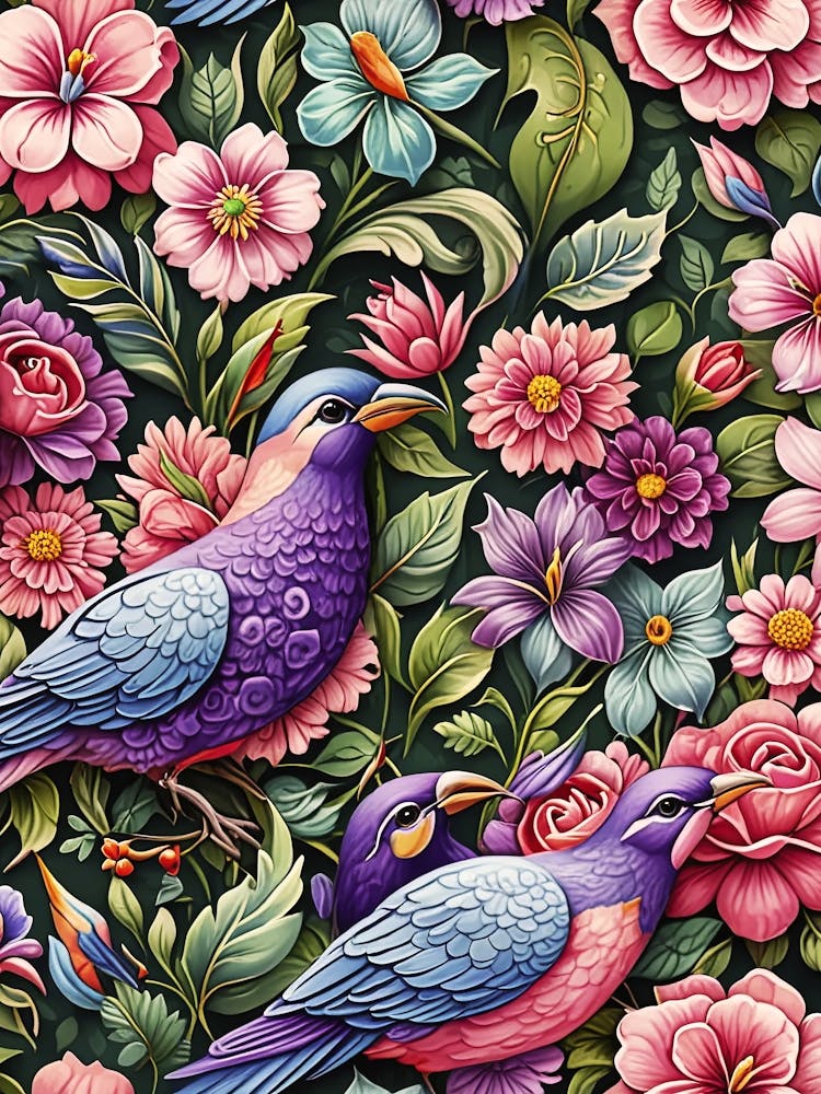 Tropical birds and flowers - colorful poster 1