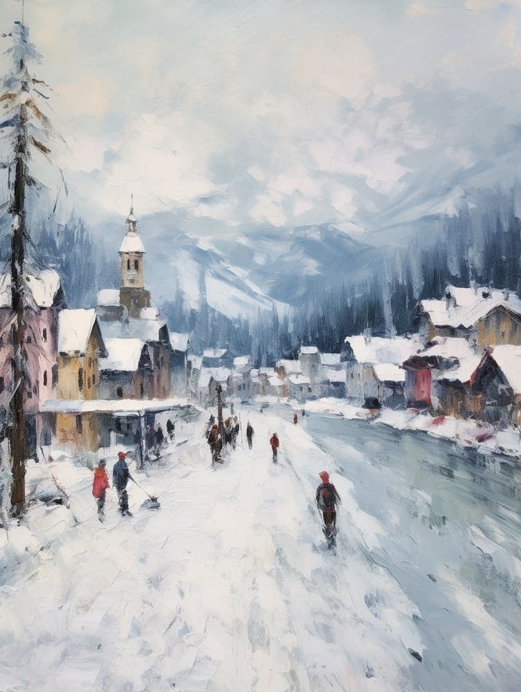 Vintage Winter Painting St Moritz Switzerland 1