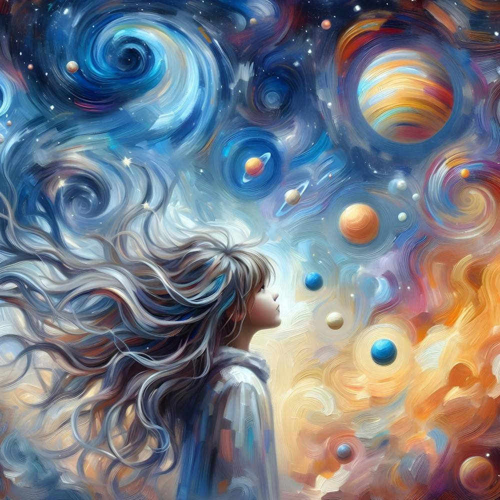 Starry Night Dreamer Celestial Girl in Space Oil Painting