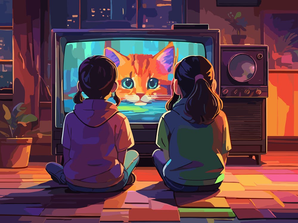 Two Girls Watching Tv - Retro art