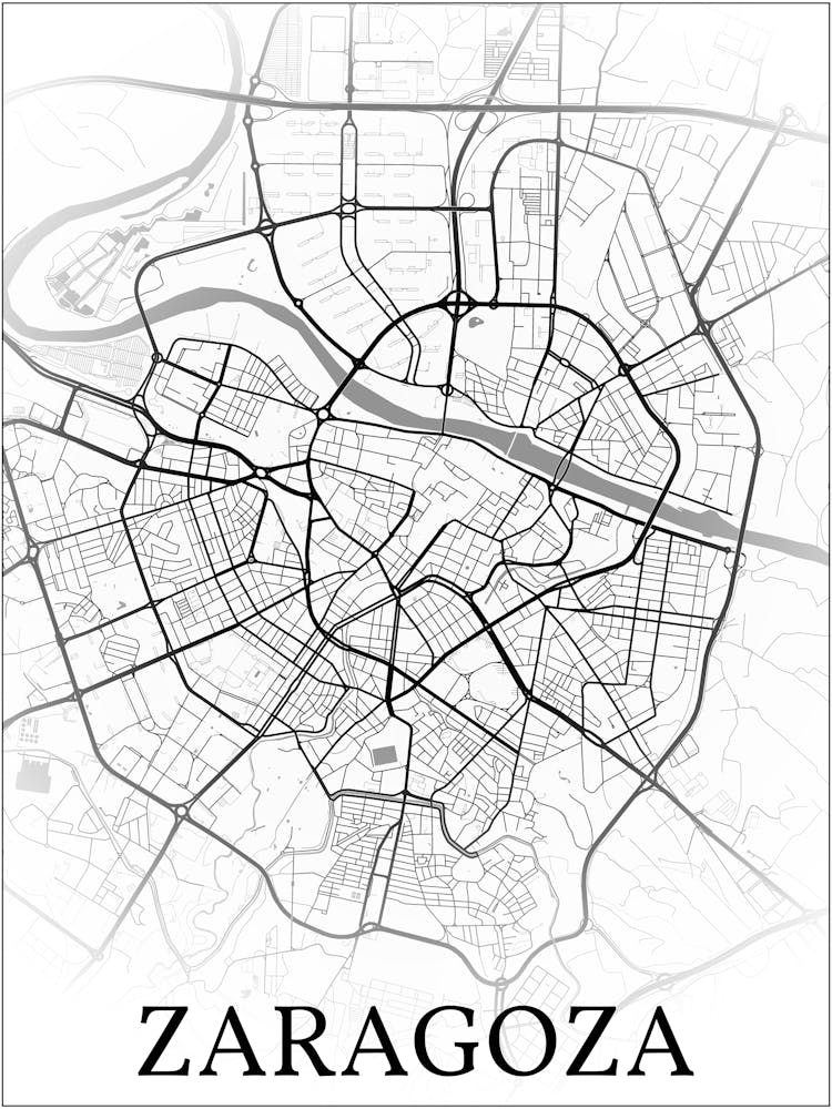 Zaragoza, Aragon, Spain, City Map, Black And White Fade Design