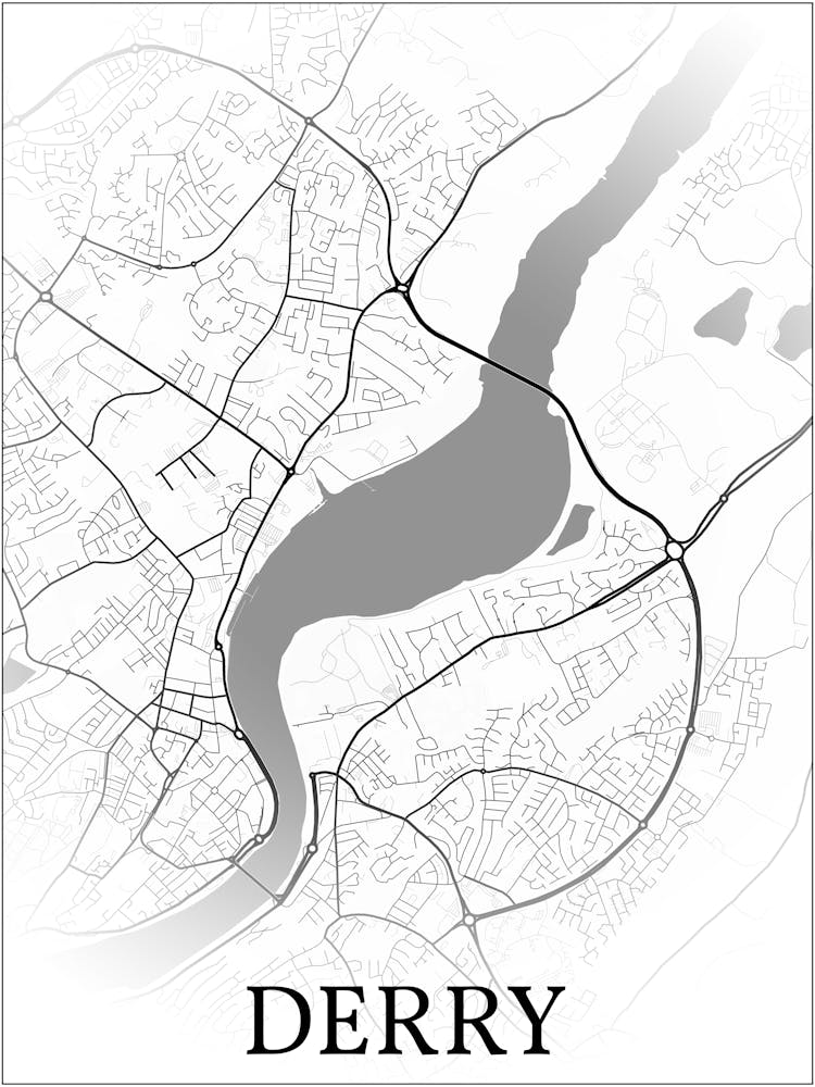 Derry, Northern Ireland, Uk, City Map, Black And White Fade Design