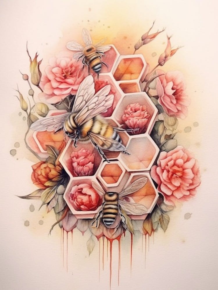 Beehive With Carnations Watercolour Illustration 1