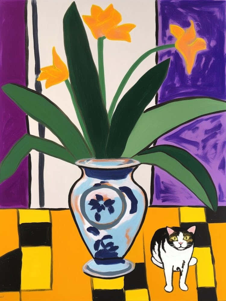 A Painting Of A Still Life Of A Crocus With A Cat In The Style Of Matisse 2