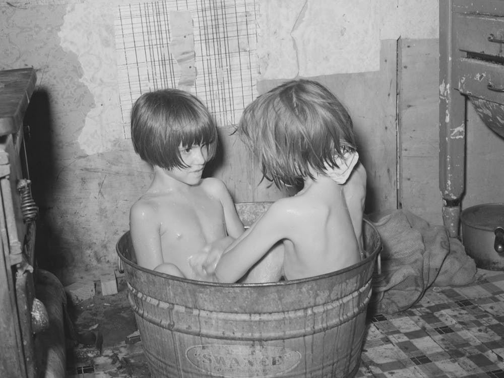 Untitled Photo, Possibly Related To Children Taking Bath In Their Home In Community Camp
