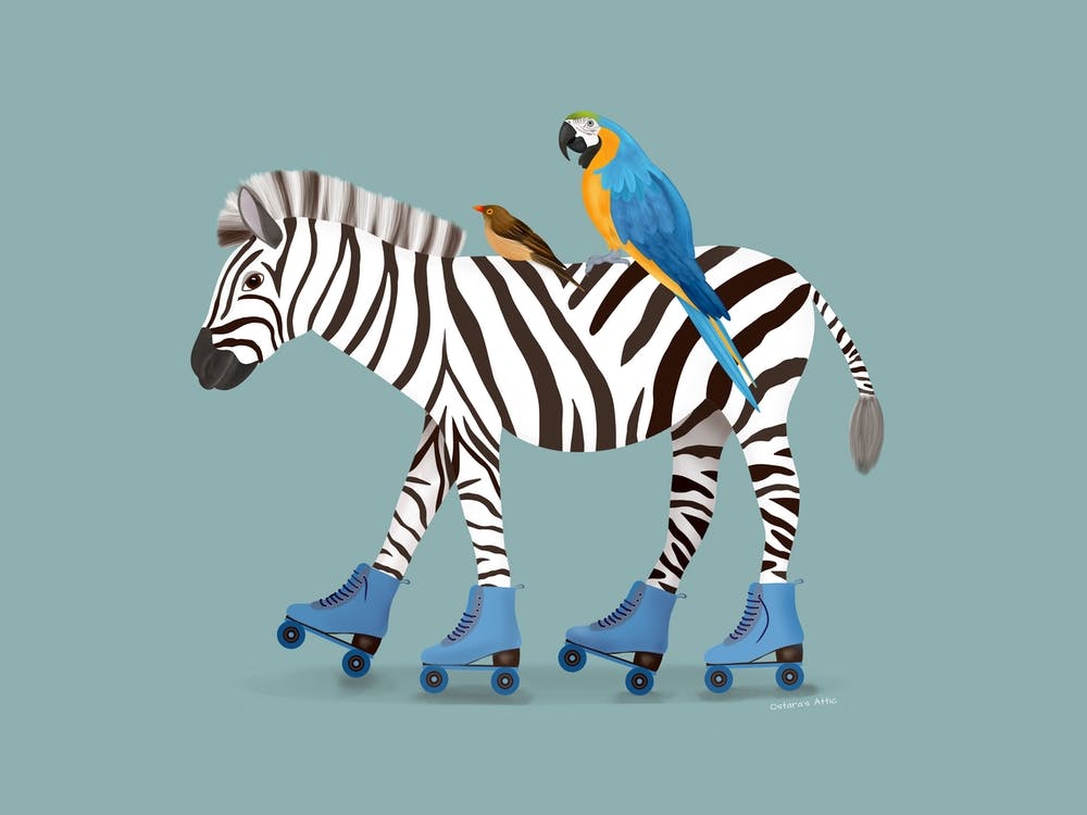Roller Skating Zebra With Macaw Parrot