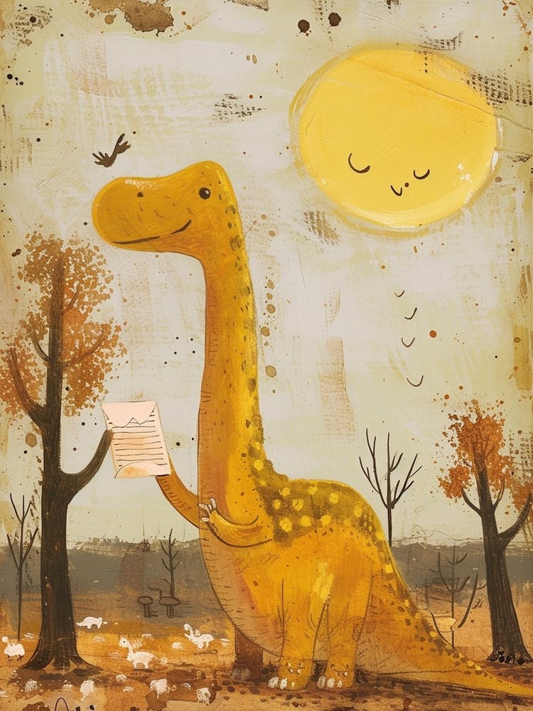 Cute Dinosaur Reading A Letter Mustard