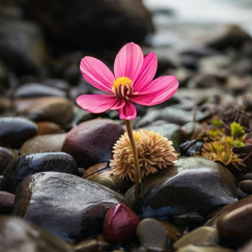 Pink Flower On Rocks