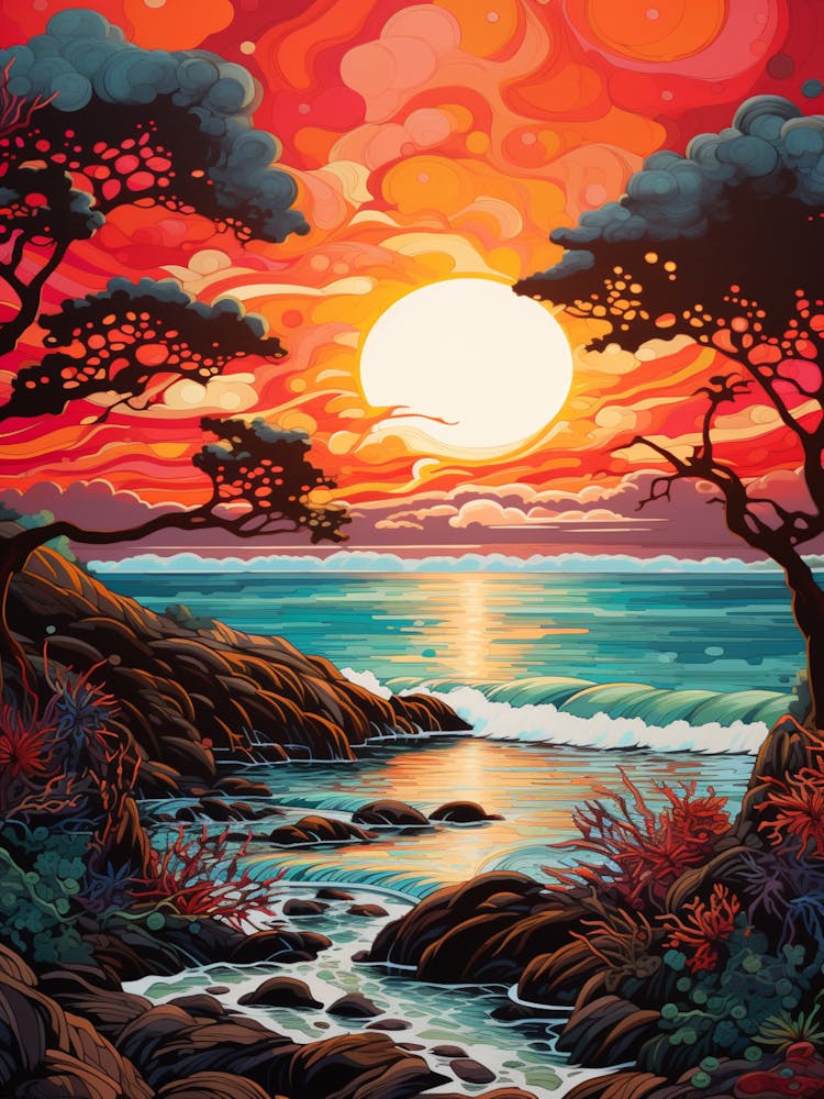 Coral Beach Australia At Sunset, Vibrant Painting 10