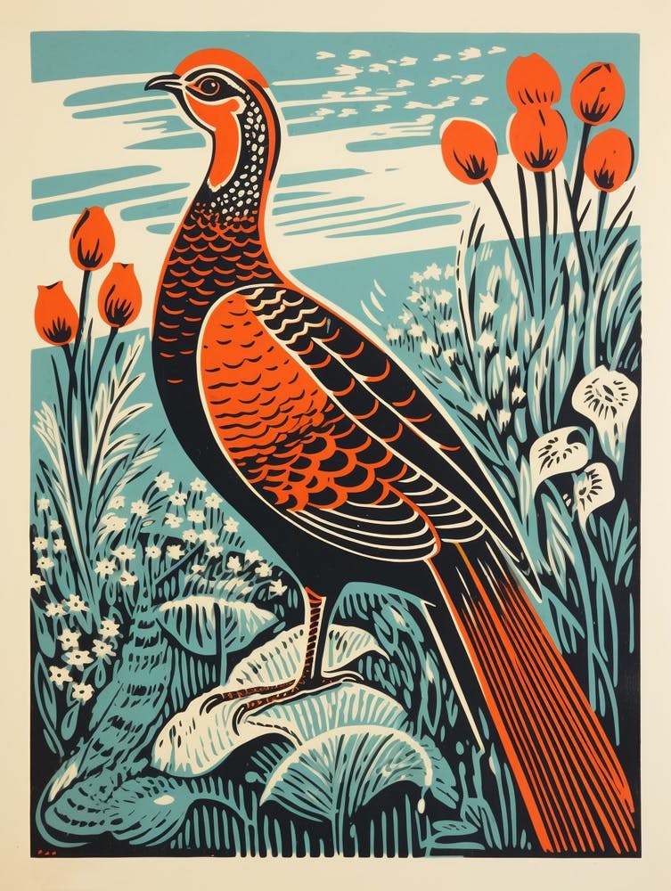 Vintage Bird Linocut Pheasant 4