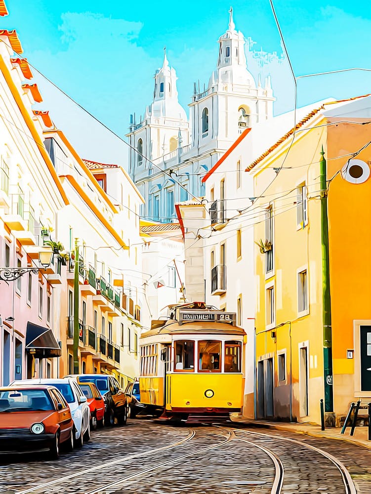 Gelbe Straßenbahn In Der Engen Straße Des Alfama-Viertels In Lissabon, Portugal