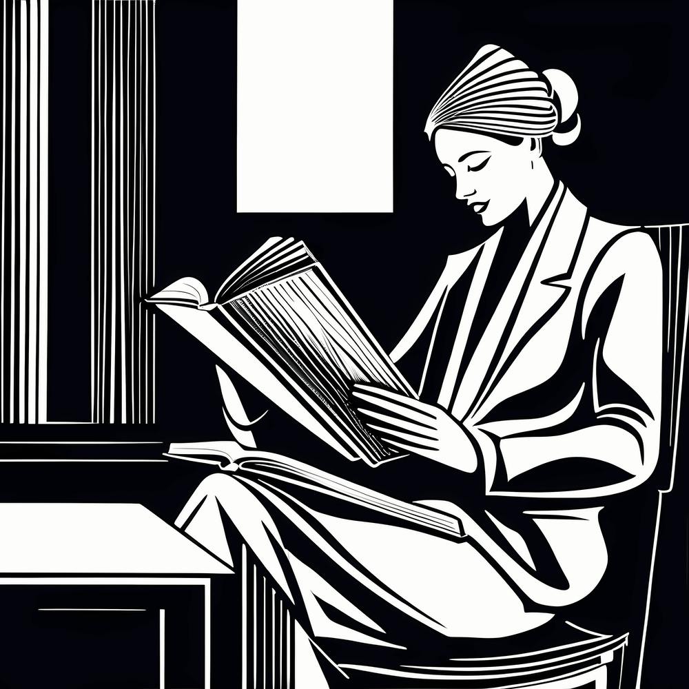 Just a girl who loves to read, Lion cut inspired Black and white Stylized portrait of a Woman reading a book, reading art, book worm, Reading girl, 191
