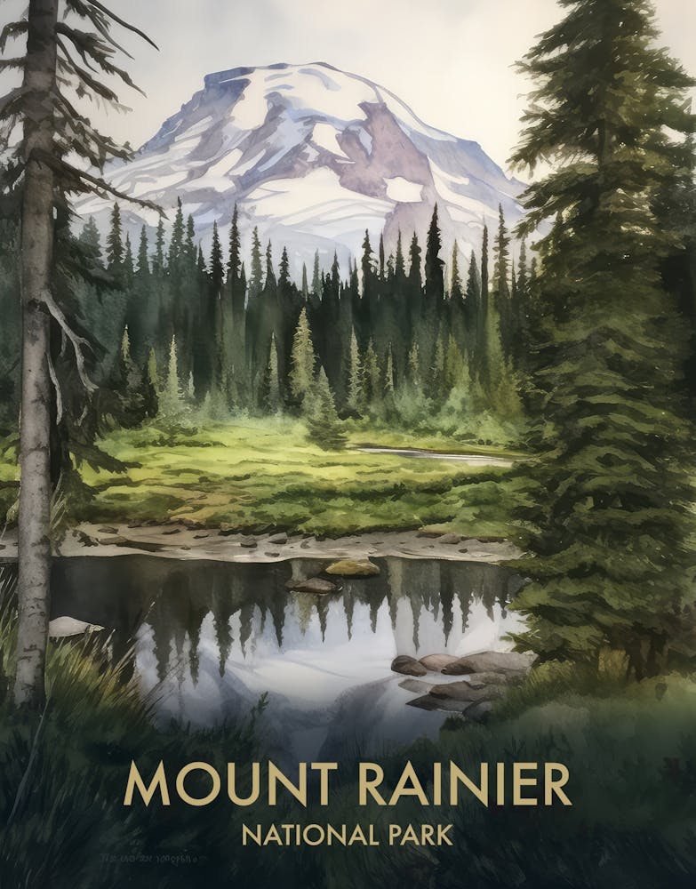 Mount Rainier National Park Watercolour Vintage Travel Poster 1