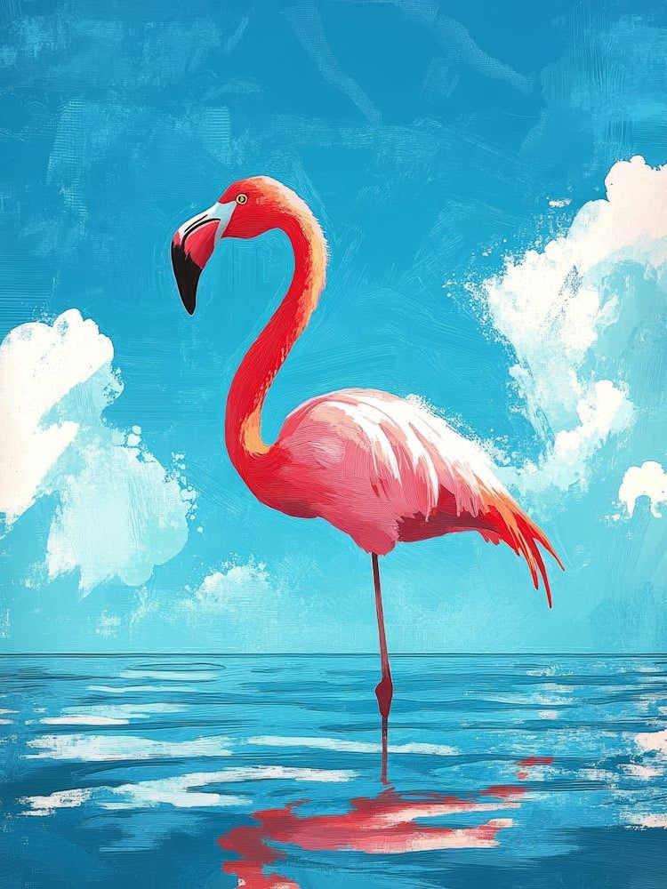 Flamigo Standing On The Sea Against Summer Blue Sky