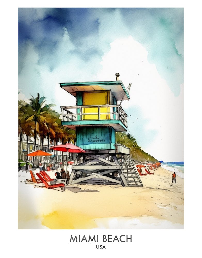 Miami Beach Watercolour Travel Poster
