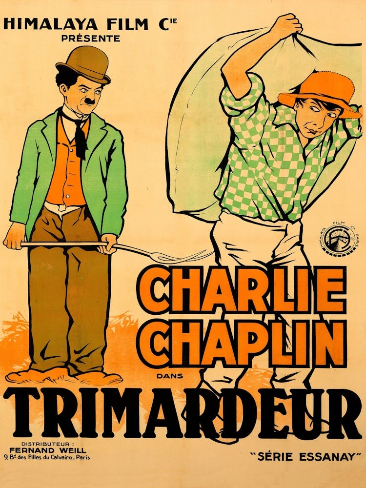 The Tramp, Charlie Chaplin, Vintage Comedy Movie Poster, 1919, Silence Film