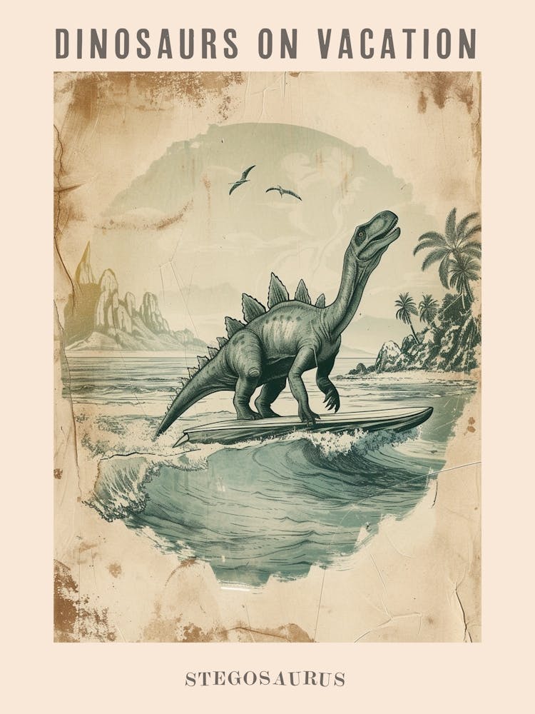 Vintage Stegosaurus Dinosaur On A Surf Board 2 Poster