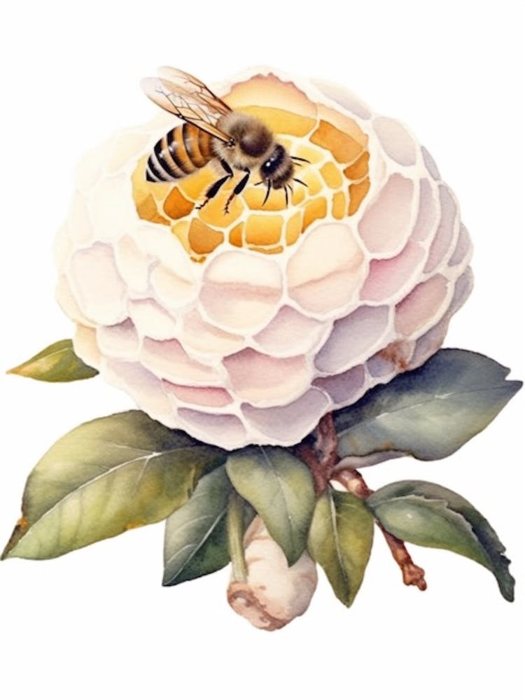 Beehive With Camellia Watercolour Illustration 3