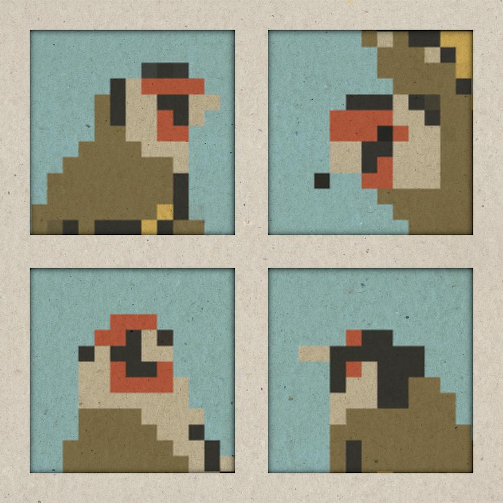 Four Pixel Goldfinches, birds, animals, illustration, wall art