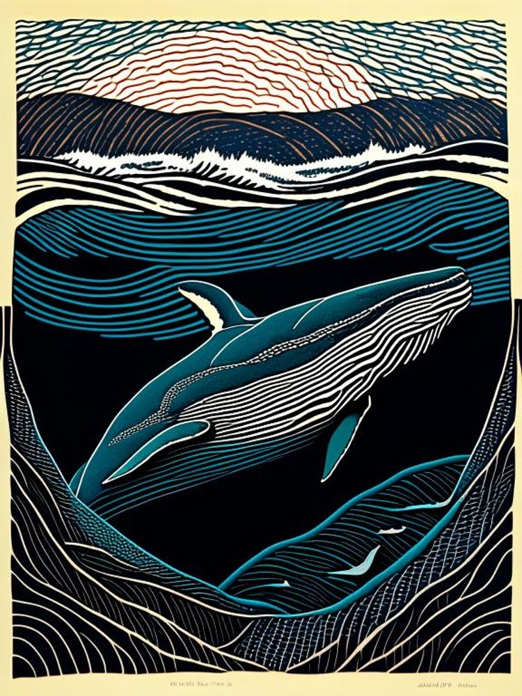 Stormy Whale Linocut