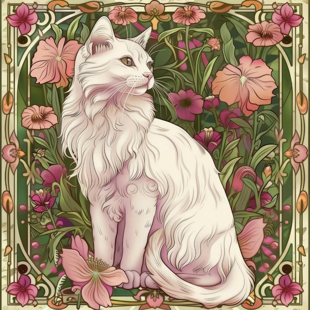 Weiße Katze mit Blumen 1
