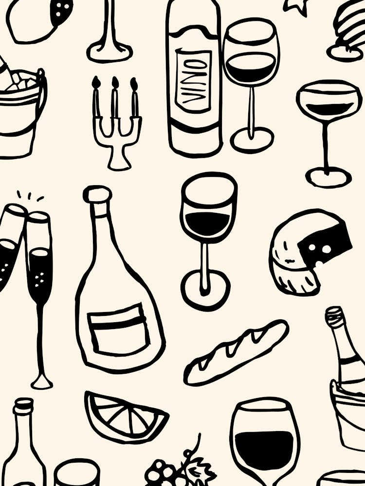 Wine & Cheese Night Hand-Drawn Illustration Print